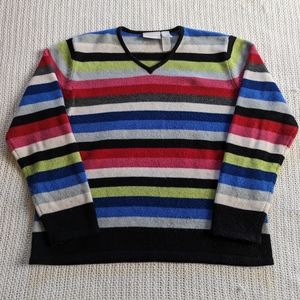 Liz Claiborne Womens Sweater Large Wool Multicolor Striped V-Neck Pullover